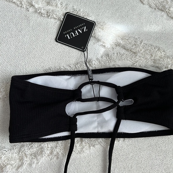 Black ribbed strapless bandeau bikini top with tie in the back zaful - Picture 7 of 9